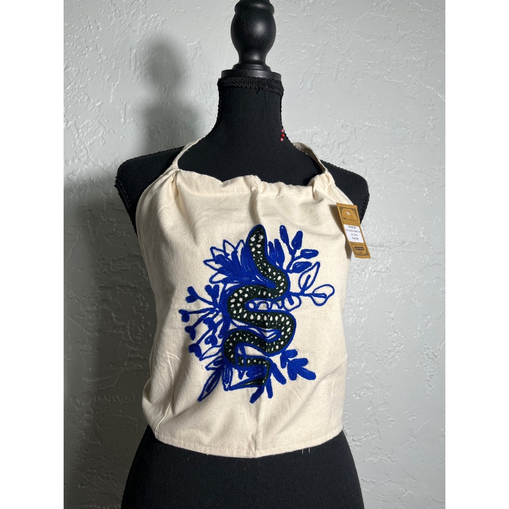 Karma Nepal Craft Halter Top Free Size Snake Embroidered Cotton Boho NWT